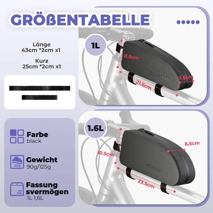 ROCKBROS Fahrradtasche Rahmentasche – Wasserdicht & Staubdicht, 1 L / 1,6 L