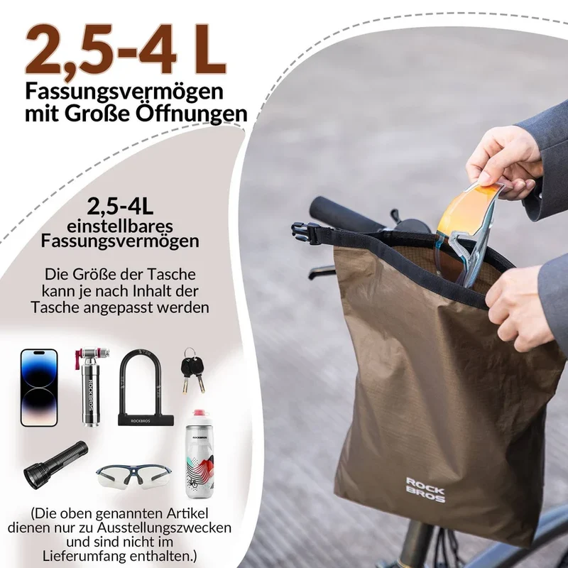 ROCKBROS Wasserdichte Lenkertasche 2,5–4 L – Fahrradkorb mit Klettverschluss