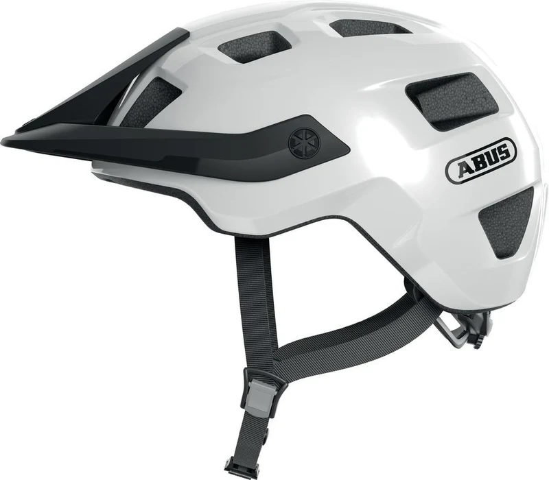 ABUS Fahrradhelm MoTrip shiny white M 54-58 Zentimeter - MTB-Helm mit In-Mold, Zoom Spin Verstellsystem, Visier und hoher Schutzpassform