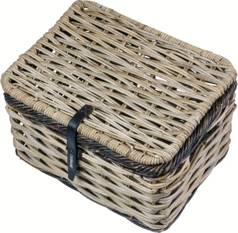 Basil Dijon S Vorderradkorb Rattan grau schwarz mit Deckel - handgeflochten, robust, Fahrradkorb vorne