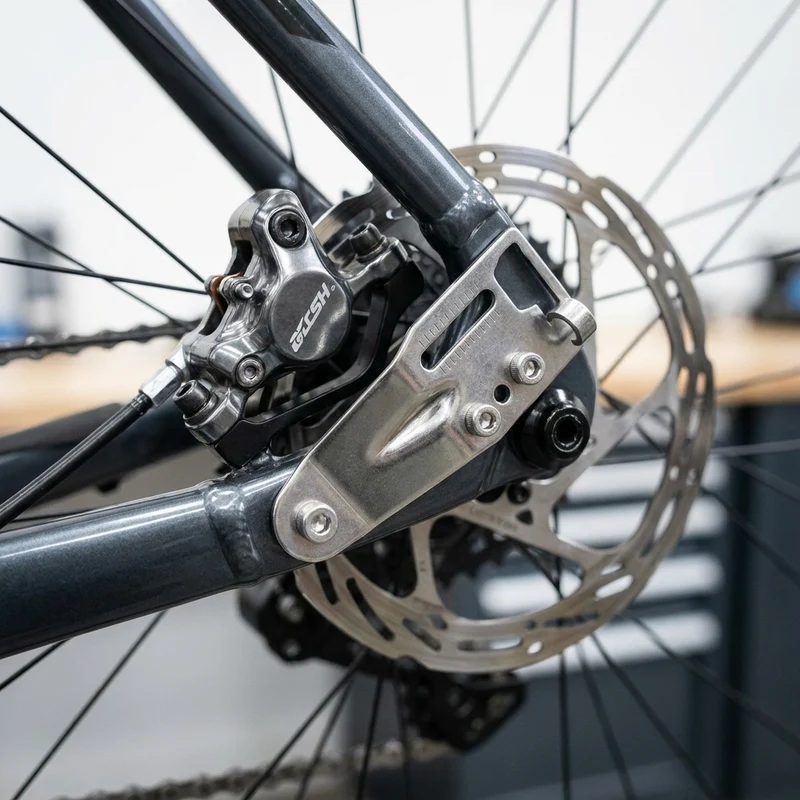 Pletscher Strebenendplatte für Scheibenbremse - verstellbares Aluminium-Zubehör für Gepäckträgermontage am Ausfallende, Paar, poliert, kompatibel mit Pletscher-System, silber