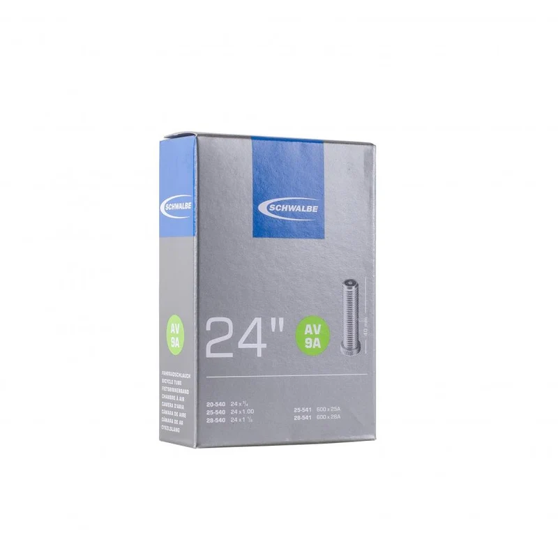 Schwalbe AV9A 24" Fahrradschlauch, Autoventil 40 mm, passend für ETRTO 20/28-540/541, ideal für schmale Reifen und Rollstühle, hohe Lufthaltigkeit, langlebig